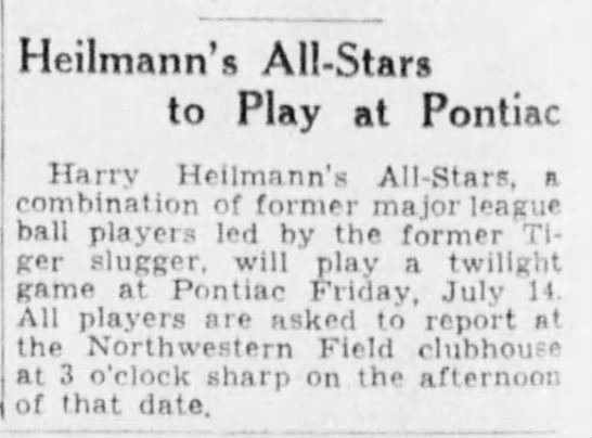 Heilmann's All-Stars to Play at Pontiac - 