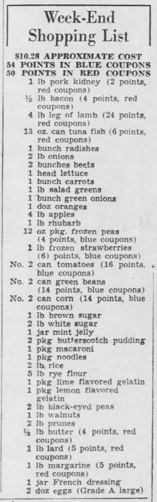 23 April 1943 Weekend Shopping List - 