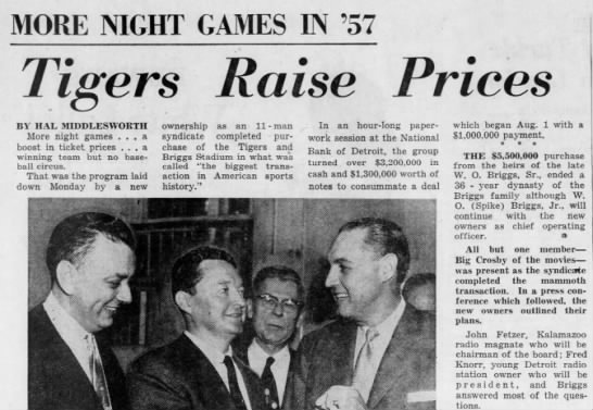 Tigers History: Tigers Raise Prices, Oct. 2, 1956 - 