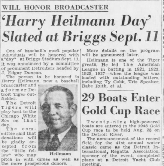 'Harry Heilmann Day' Slated at Briggs Sept. 11 - 
