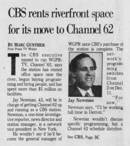 CBS rents riverfront space for its move to Channel 62 - 