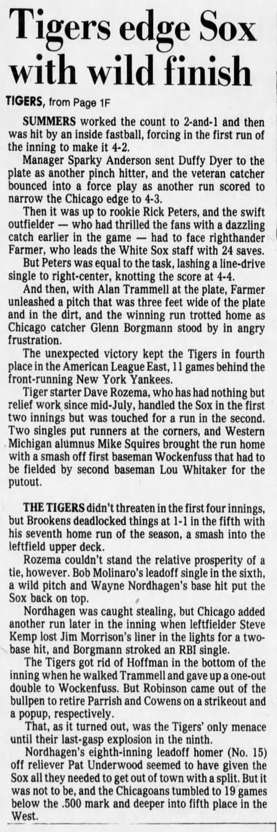 Thurs 9/4/1980: Tigers beat CWS on walk-off wild pitch - 