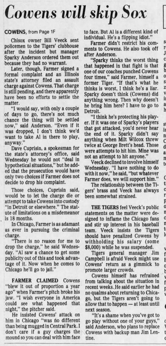 Thurs 8/20/1980: Cowens skips CHI trip - 