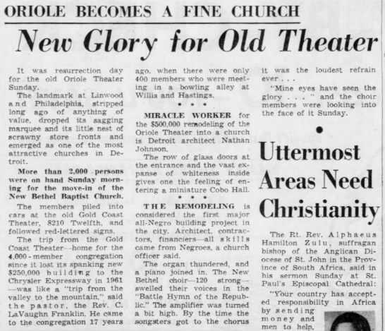 Oriole Becomes a Fine Church: New Glory for Old Theater - 