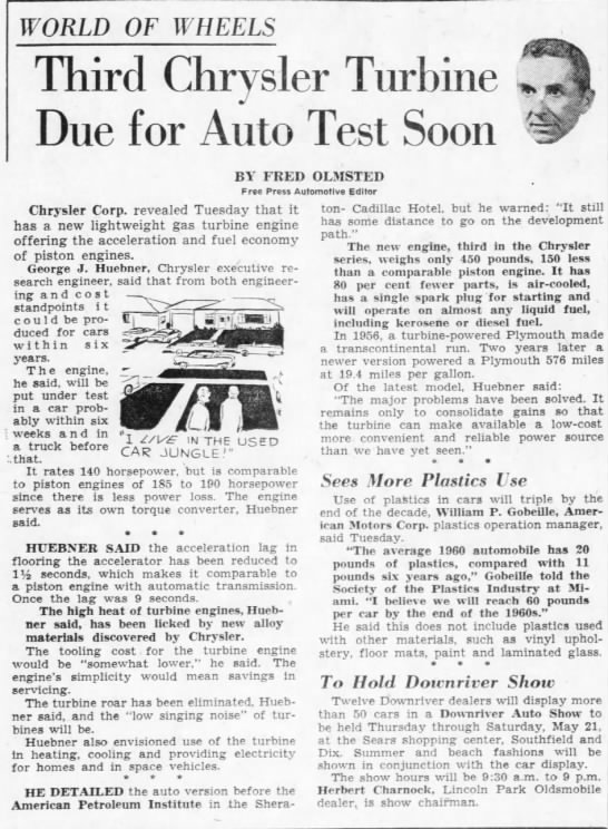 Fred Olmsted: "World of Wheels: Third Chrysler Turbine Due for Auto Test Soon" - 