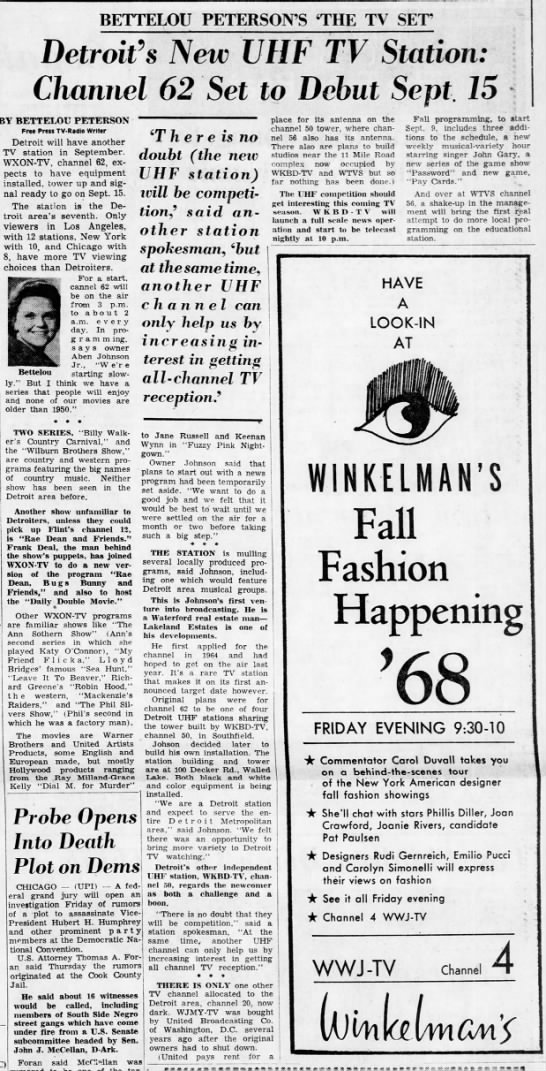 WXON Debut Article Detroit Free Press Aug 23 1968 - 