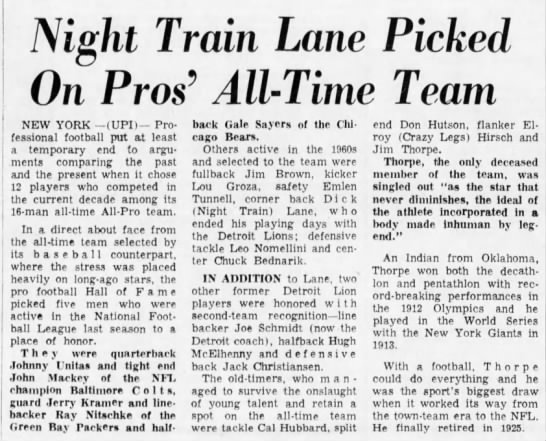 Night Train Lane Picked On Pros' All-Time Team - 