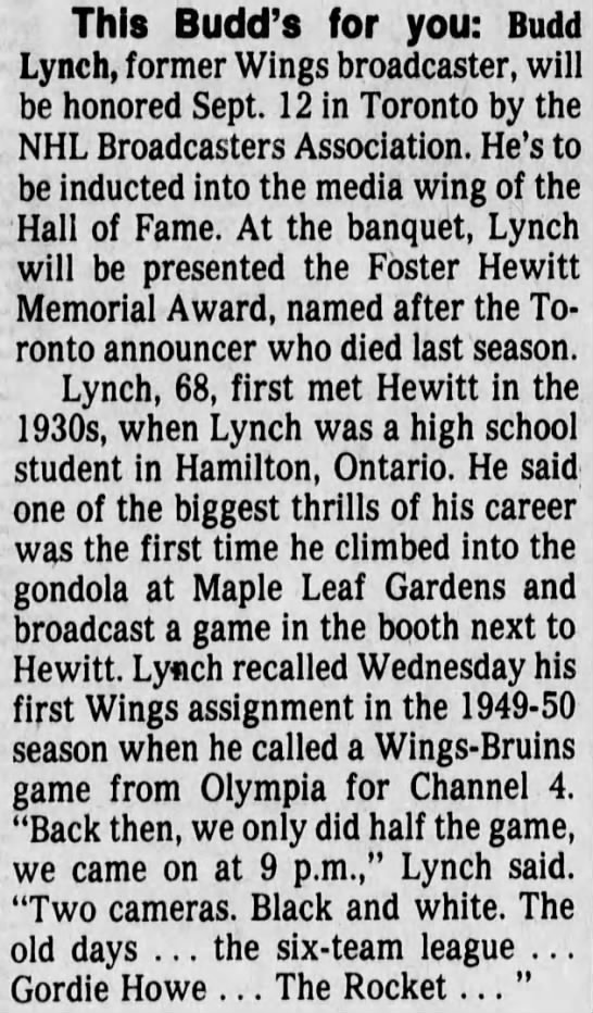 Budd Lynch 1985 Foster Hewitt Memorial Award - 
