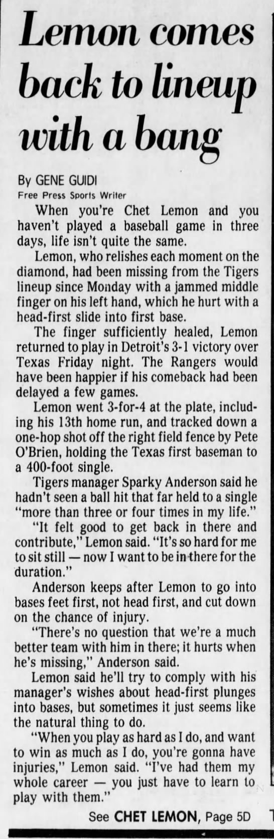 Sat 7/21/84: Lemon return, big HR (pg 1 of 2) - 