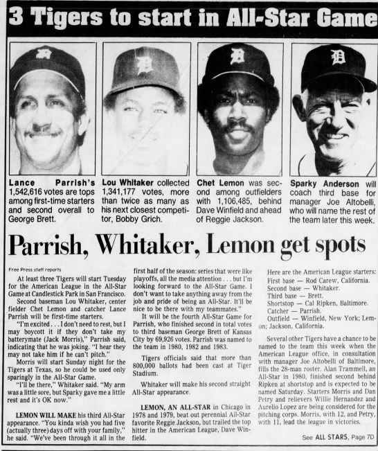 Thurs 7/5/84: Lemon, Parrish, Whitaker ASG starters - 