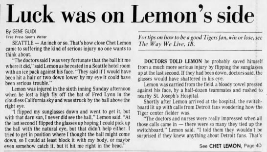 Tues 8/28/84: Lemon talks about injury (pg 1 of 2) - 