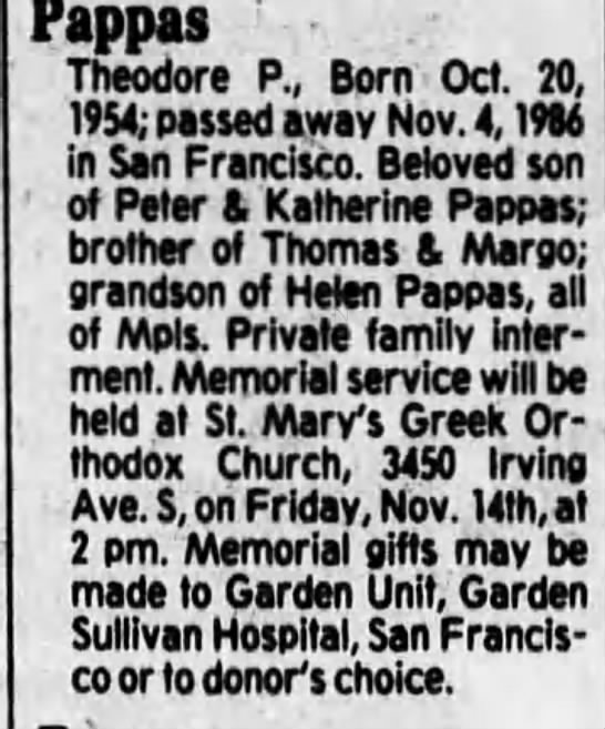 Obituary for Theodore P. Pappas, 1954-1916 - 
