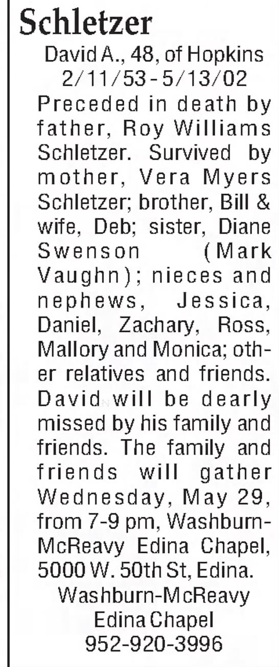 Obituary for David A. Schletzer (Aged 48) - 
