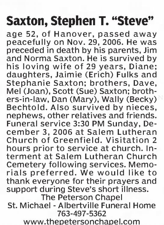 Obituary for Stephen T. Saxton (Aged 52) - 