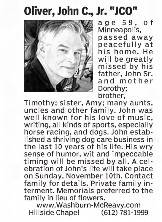 Obituary for John C. Oliver (Aged 59) - 