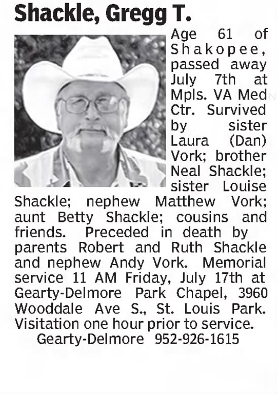 Obituary for Gregg T. Shackle (Aged 61) - 