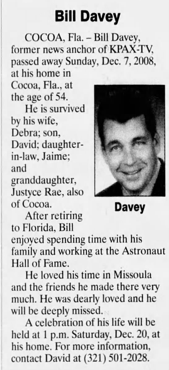 Obituary for Bill Davey (Aged 54) - 