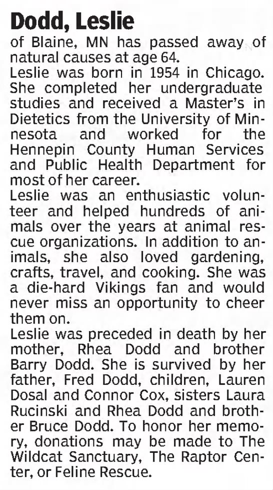 Obituary for Leslie Dodd (Aged 64) - 