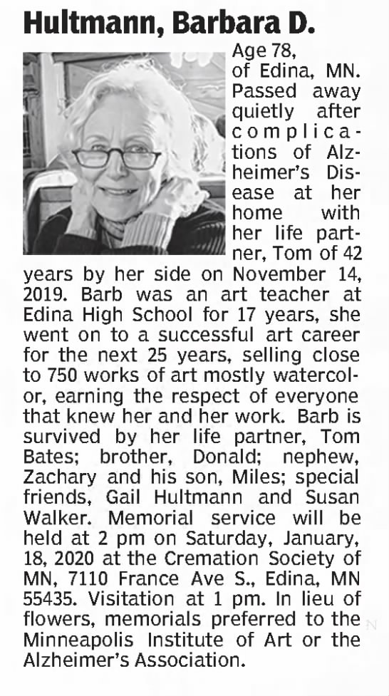 Obituary for Barbara D. Hultmann (Aged 78) - 