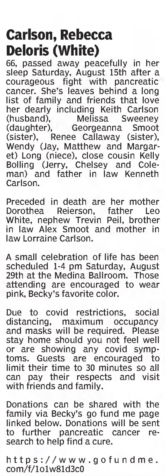 Obituary for Rebecca Deloris Carlson (Aged 66) - 