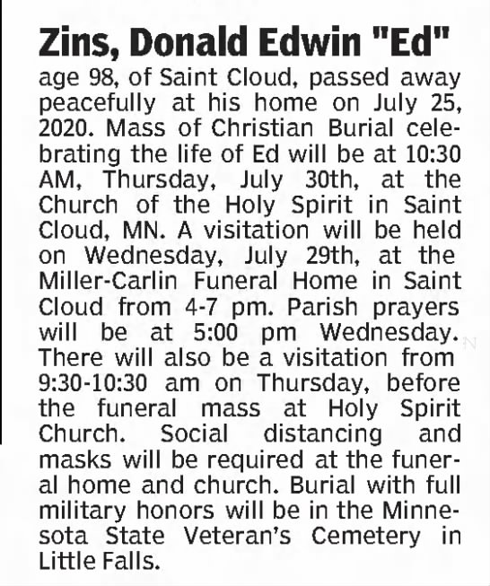 Obituary for Donald Edwin Zins (Aged 98) - 