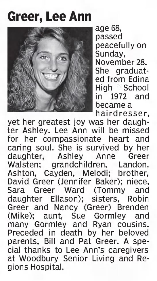 Obituary for Lee Ann Greer (Aged 68) - 