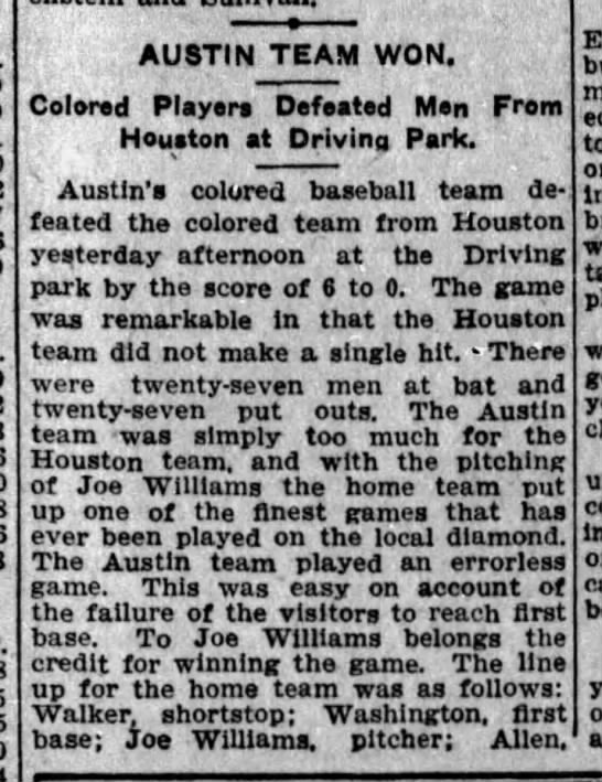 Joe Williams Perfect Game Austin 1905 -