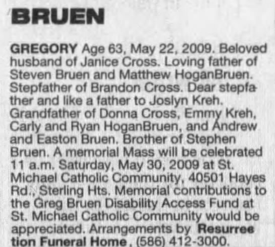 Obituary for Gregory Bruen (Aged 63) - 