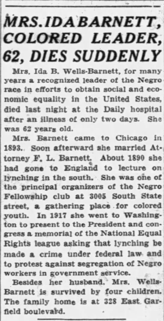 1931 Ida Well Barnett dies at age 62 - 