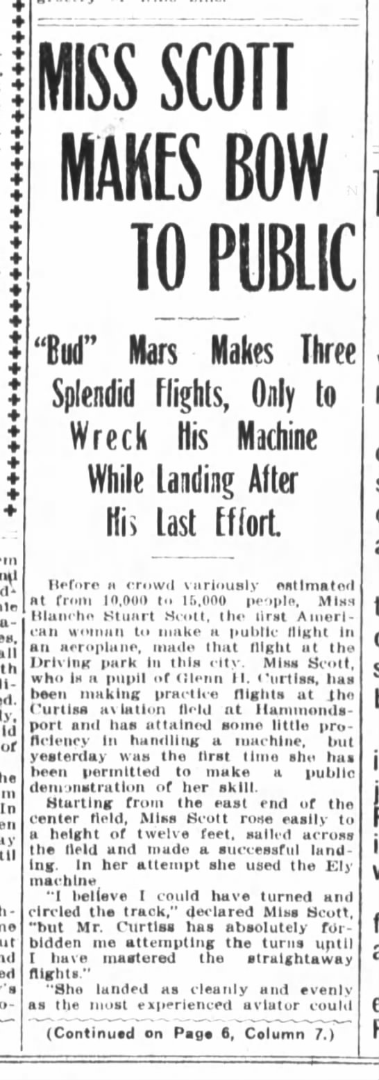 Blanche Scott first woman in America to make a solo flight by plane