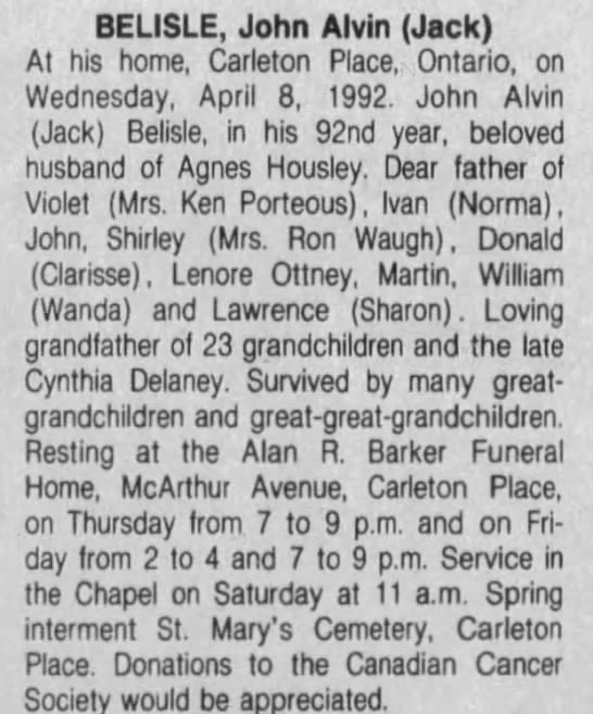 Obituary for John Alvin BELISLE (Aged 92) - 
