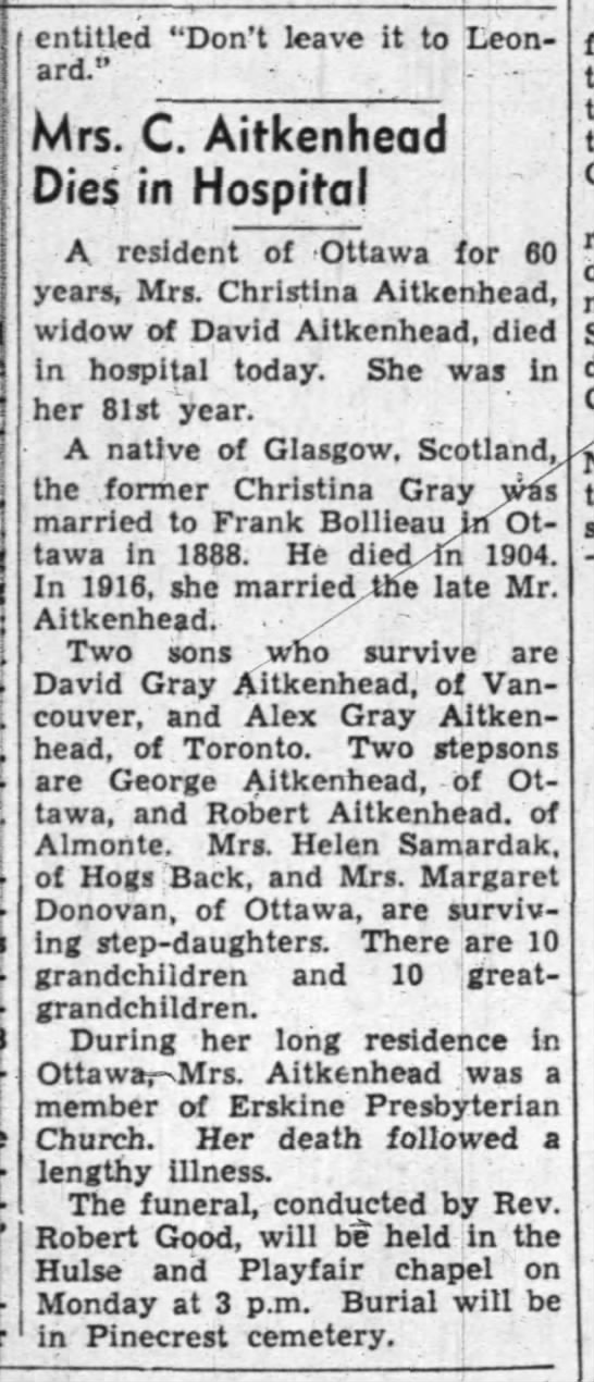 Death of 2nd Mrs. David Aitkenhead - entitled "Don't leave it to Leonard." . ,., ....