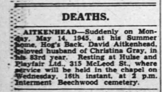 David Aitkenhead, Christina Grey - DEATHS. AITKENBEAD Suddenly on Mon--Jay. May...