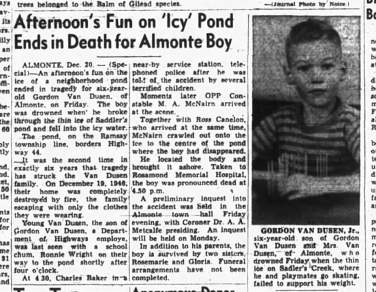 Gordon Van Dusen jr age 6 drowns in Almonte pond Dec.19, 1952 - 