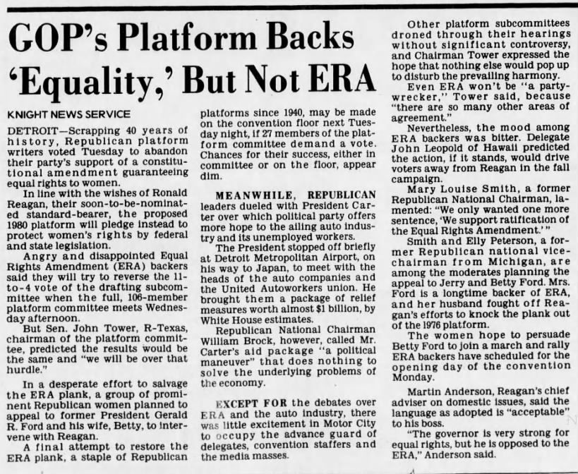 Republican Party removes support for the ERA from their party platform in 1980
