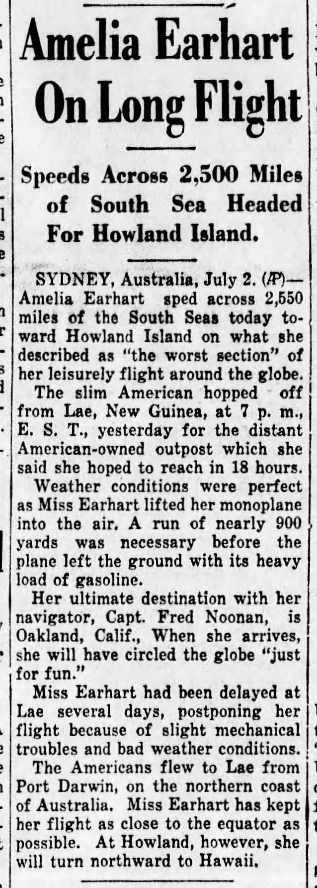 Amelia Earhart leaves on final flight to Howland Island