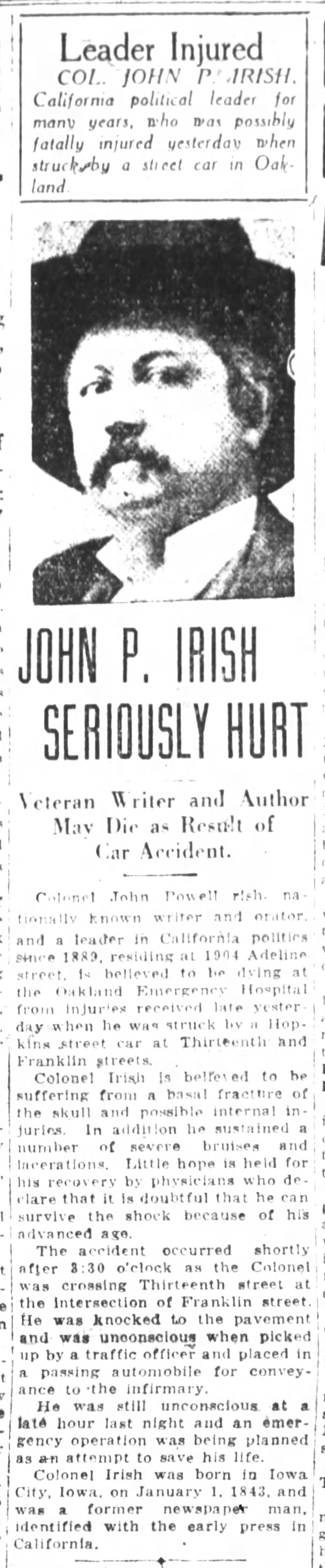John P. Irish seriously injured