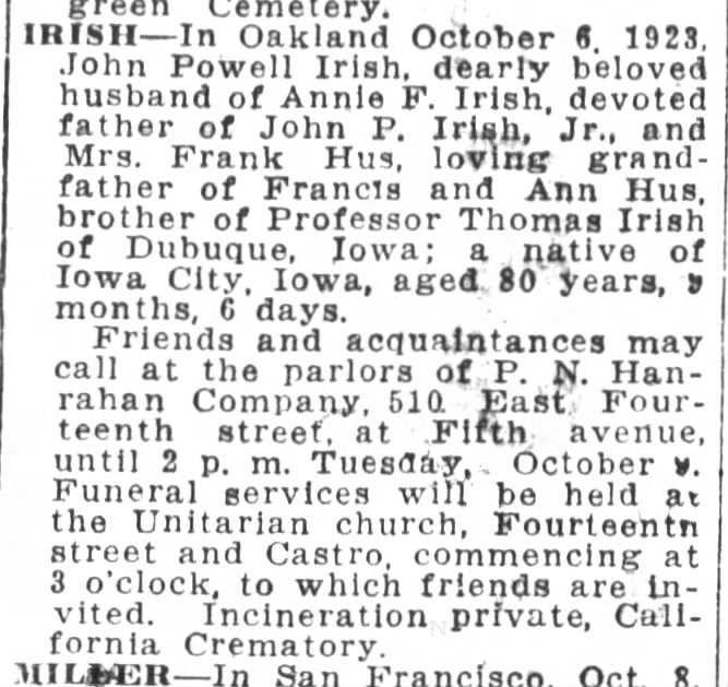 John P. Irish - death notice