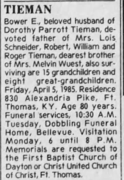 Obituary: Bower E. TIEMAN (Aged 80)