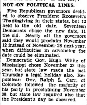 Governors decide when to hold Thanksgiving in 1939