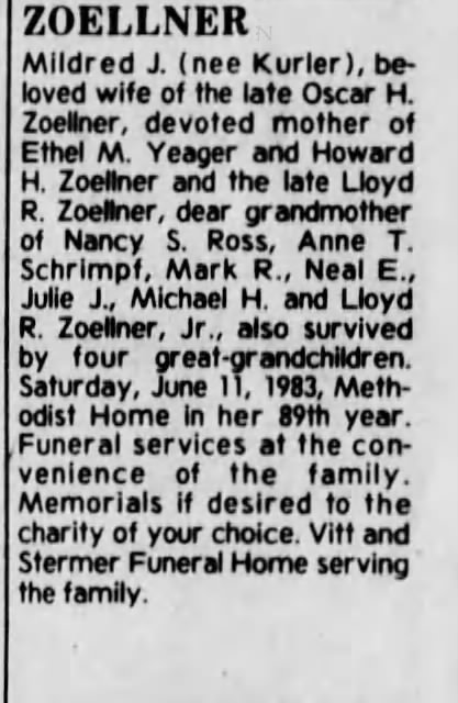 Obituary for Mildred J. ZOELLNER (Aged 89)