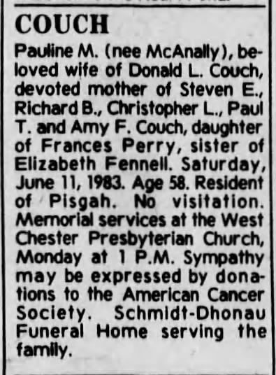 Pauline McAnally Couch obituary