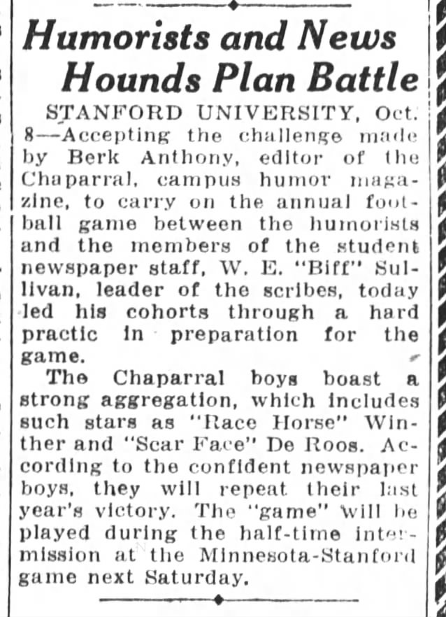 Berk Anthony, 1931 editor of Stanford's Chaparral (humor magazine).