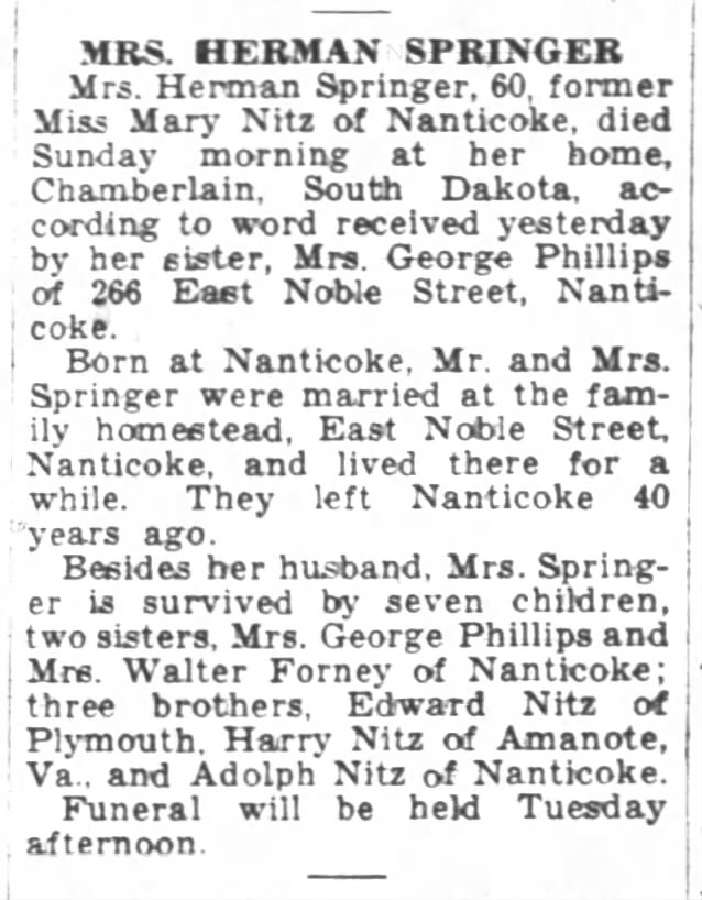 Mary (Nitz) Springer obituary - Newspapers.com