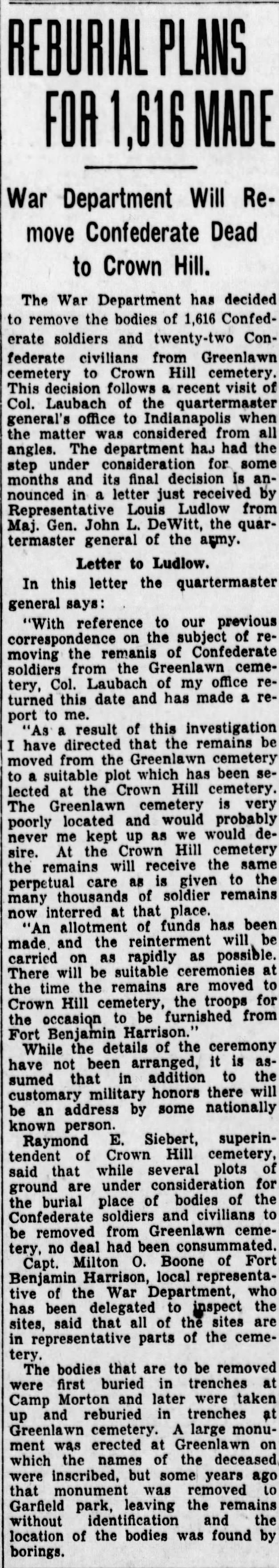 "Reburial Plans Made for 1,616 Made"; IndyStar; Sept 29, 1931