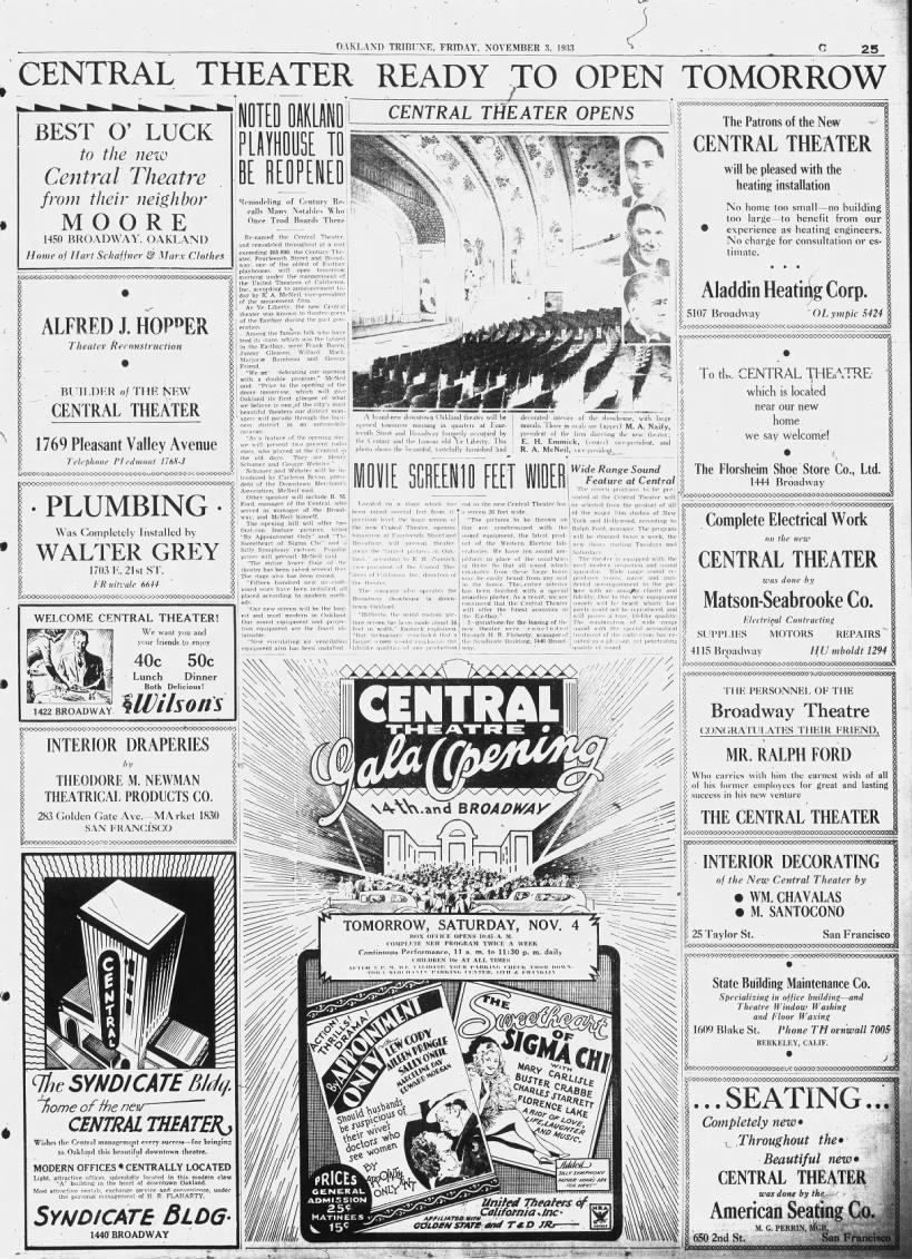 Full page spread on opening of Central Theatre in Oakland, California, Nov 1933 at 1450 Broadway
