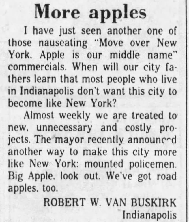 "Move over New York. Apple is our middle name" (Indianapolis) (1983).