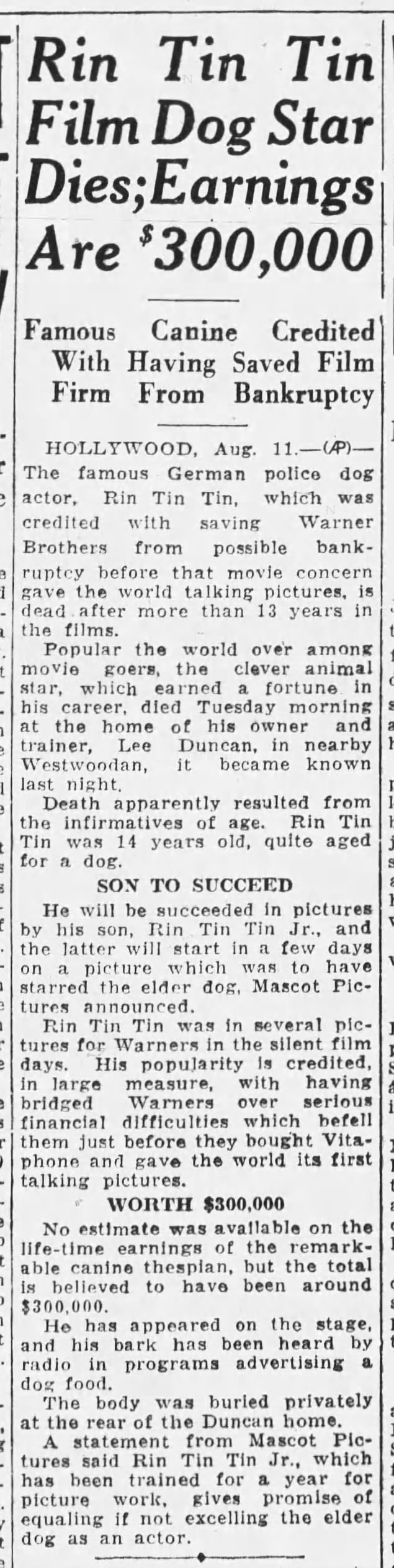1932 death notice for German shepherd Rin Tin Tin Senior.