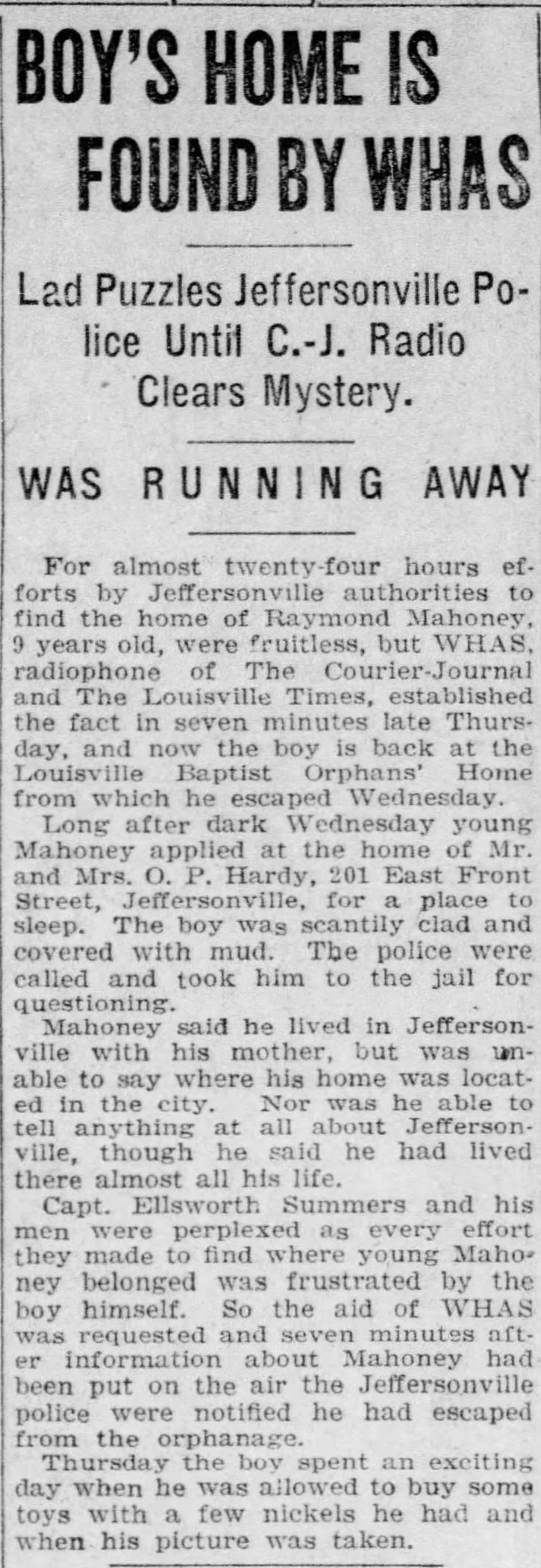 Raymond Mahoney at age 10 ran away from Louisville Baptist Orphans' Home