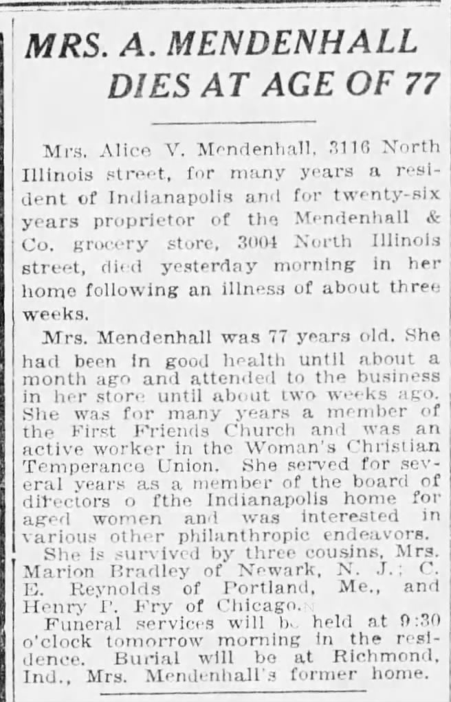 Obituary for Alice V. MENDENHALL (Aged 77)